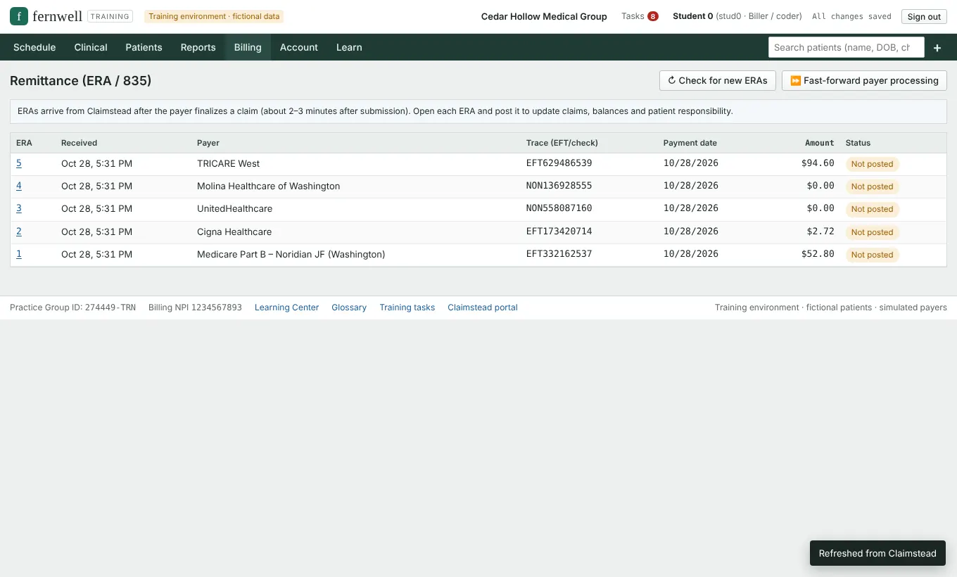 Remittance list showing ERAs from five payers waiting to be posted