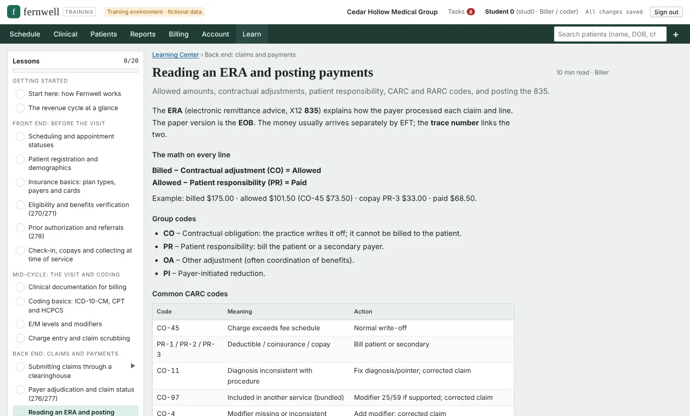 Learning Center lesson on reading an ERA and posting payments
