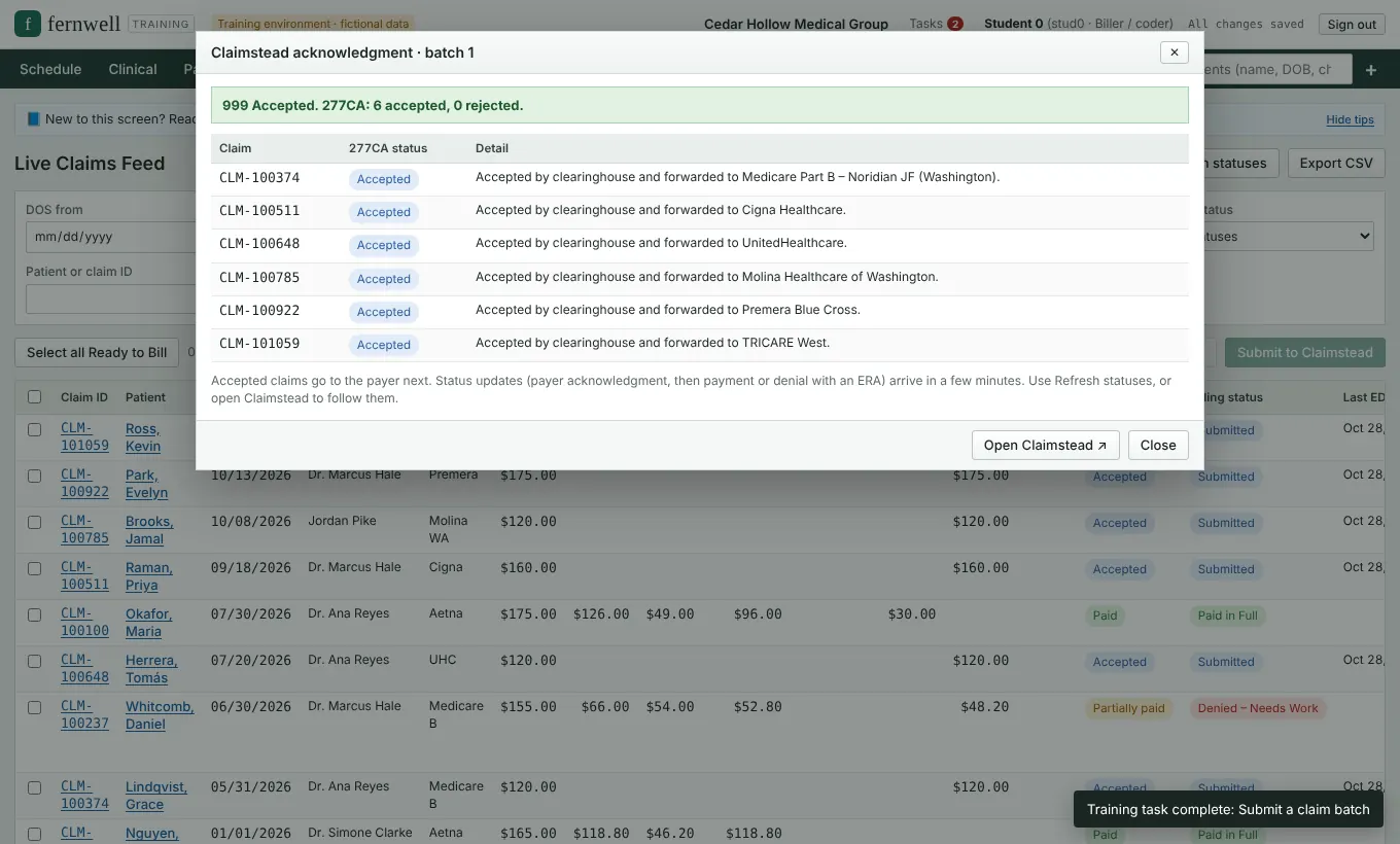 Fernwell claims feed with a Claimstead acknowledgment showing six claims accepted